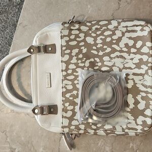 MICHE Tan and White Leopard Print Shelby Tech Crossbody Bag Purse